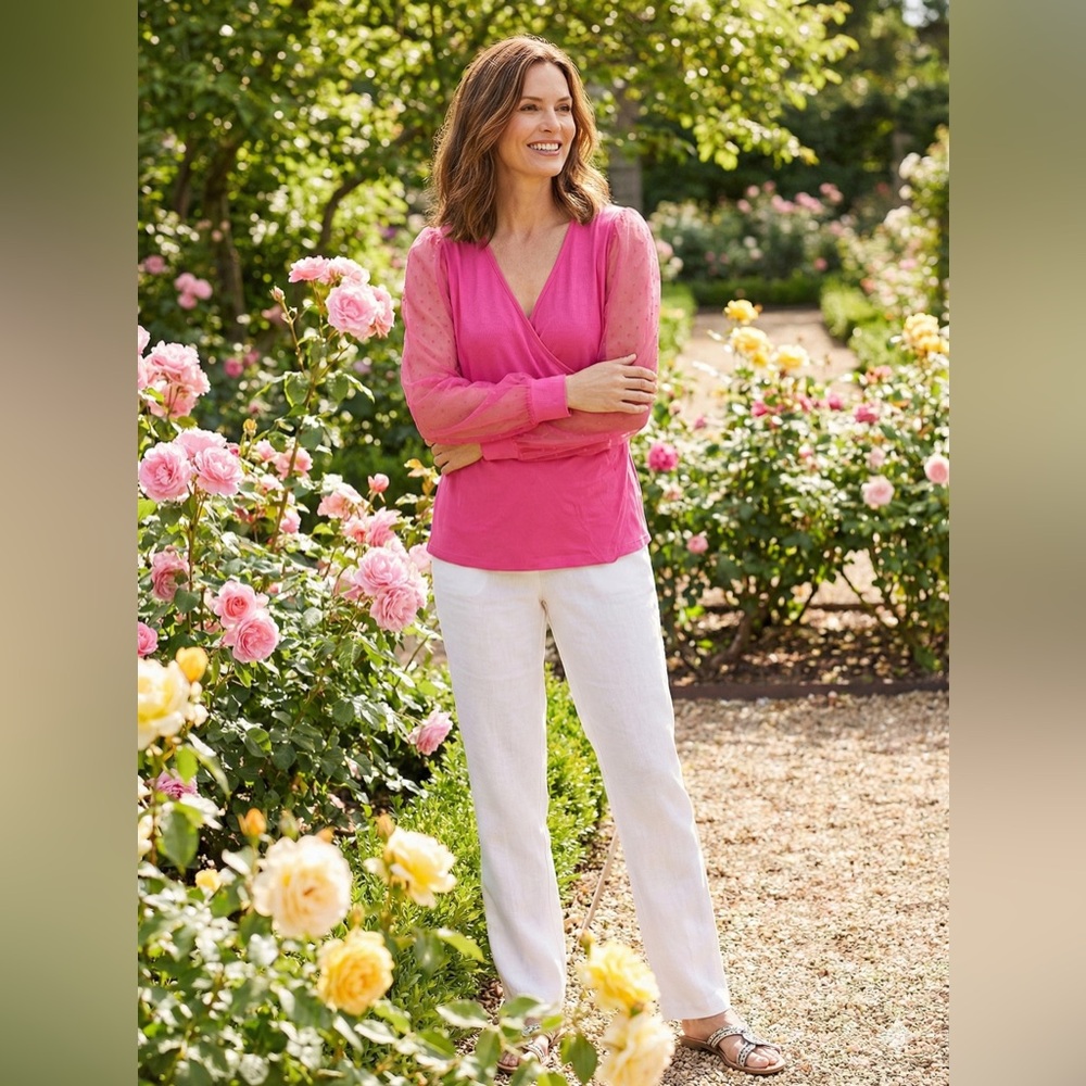 Elegant Hot Pink Women's Blouse with Sheer Sleeves
